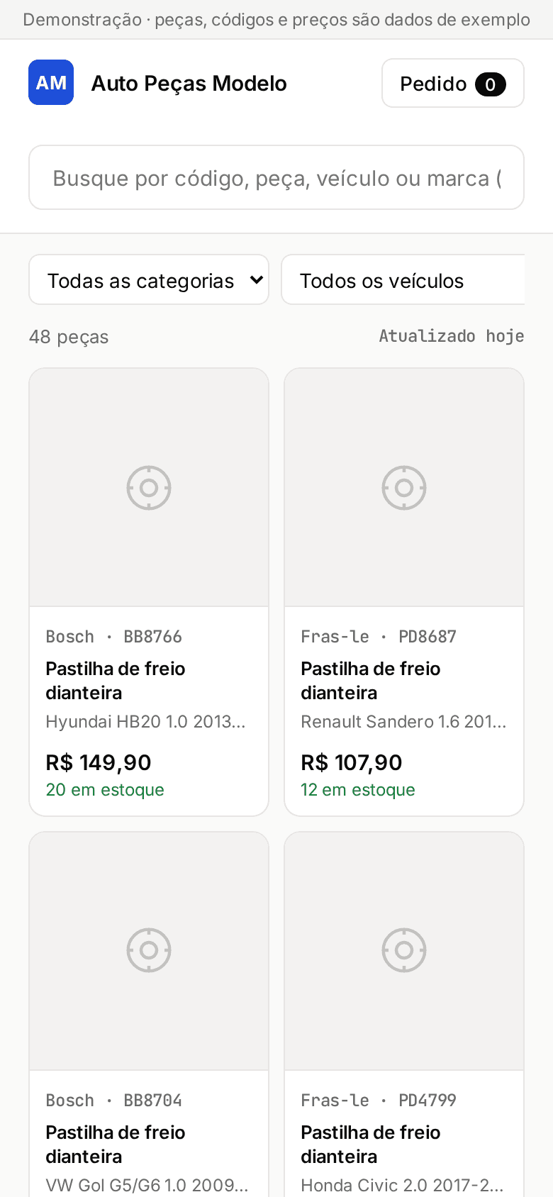 Catálogo digital de autopeças, versão mobile